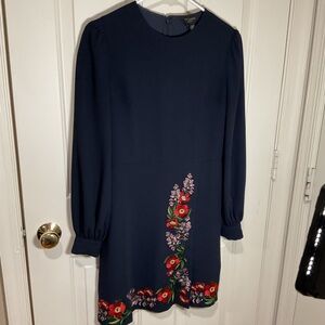 Ted Baker blue mini dress floral embroidery size 1 balloon, cuffed long sleeves.